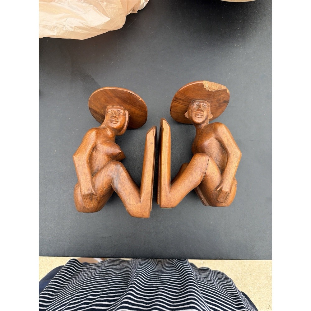 Antique Hand Carved Polynesian Bookends Man & Woman Semi-Nude with Big Feet